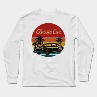 classic car retro  vintage aesthetic sunset circle with palms and mountains, gift for dad, retro designs for car lovers Long Sleeve T-Shirt